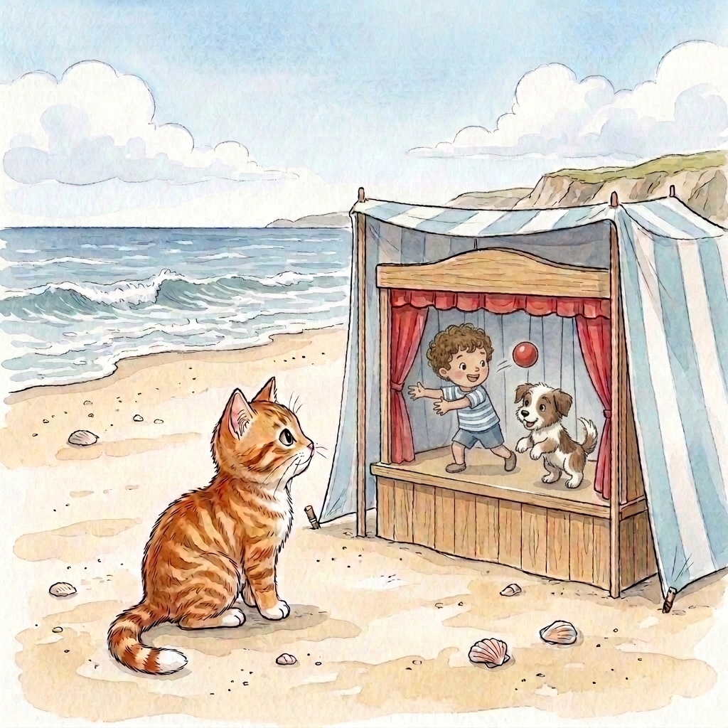 Beach Cat watches a little seaside show below a bright tent