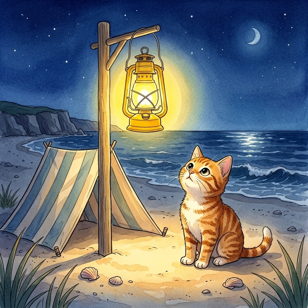 Beach Cat sees a bright sight at night by the shore