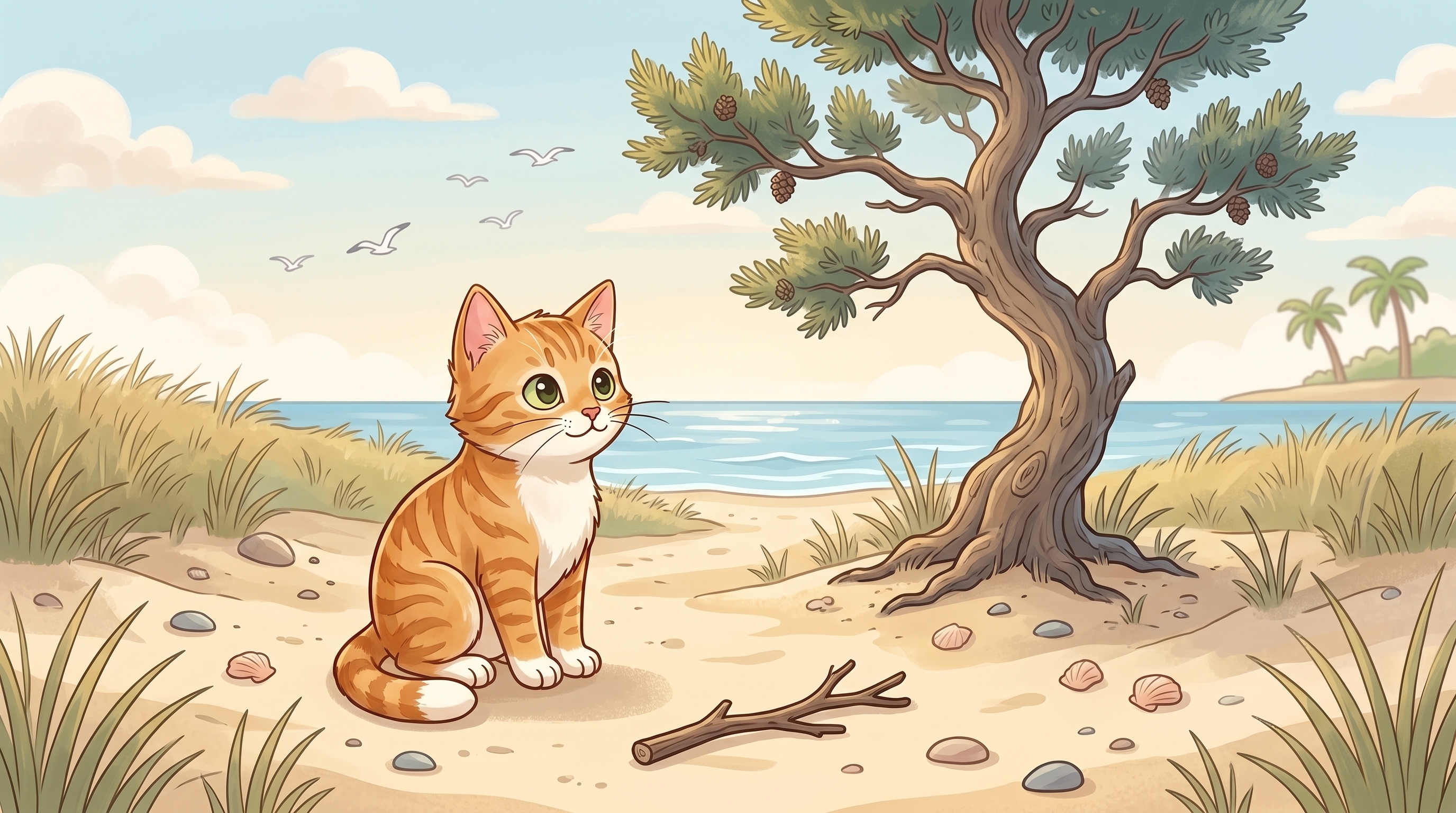 Beach Cat walks on a trail to a small tree