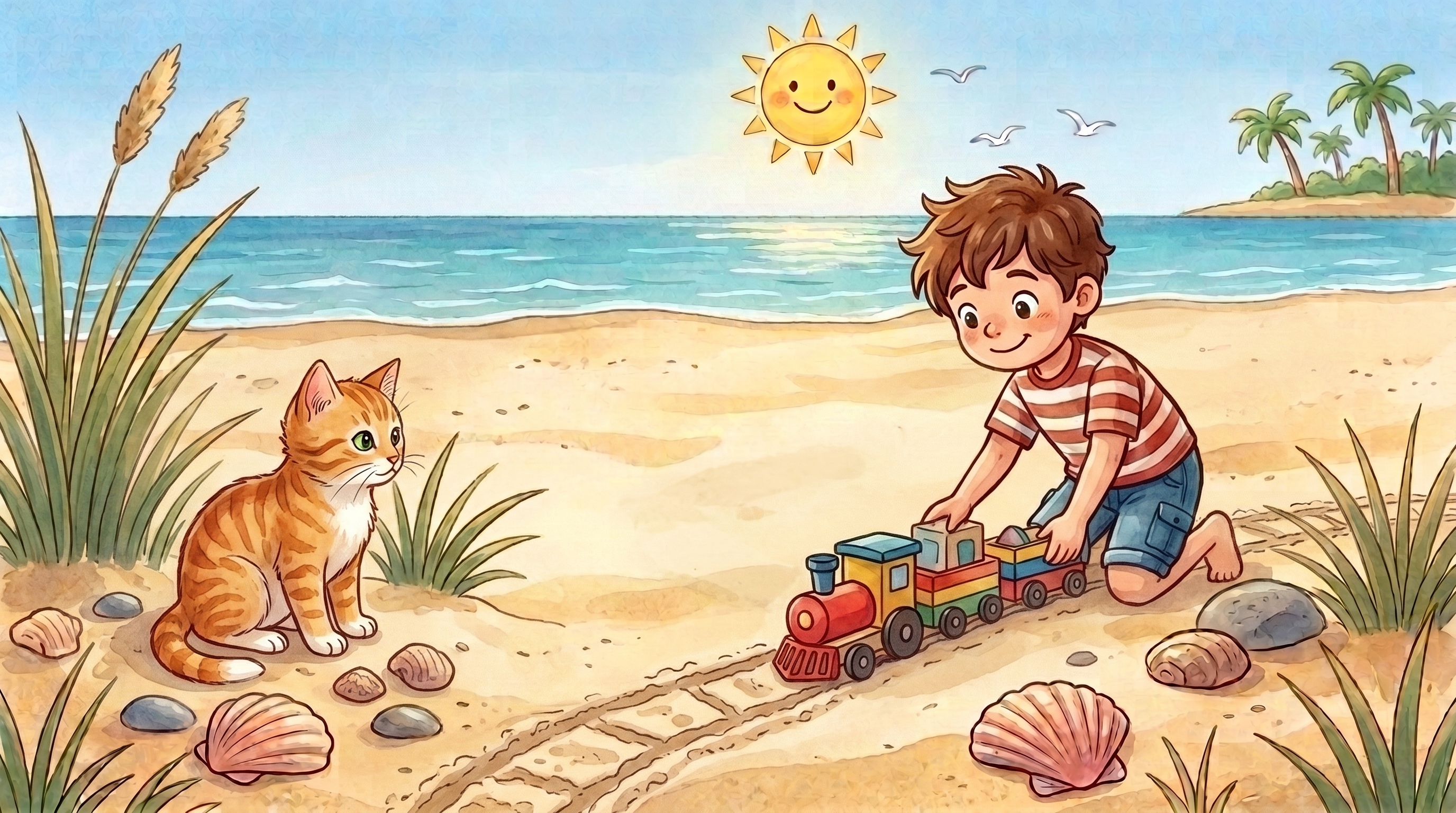 Beach Cat watches a little train on a track near a tree