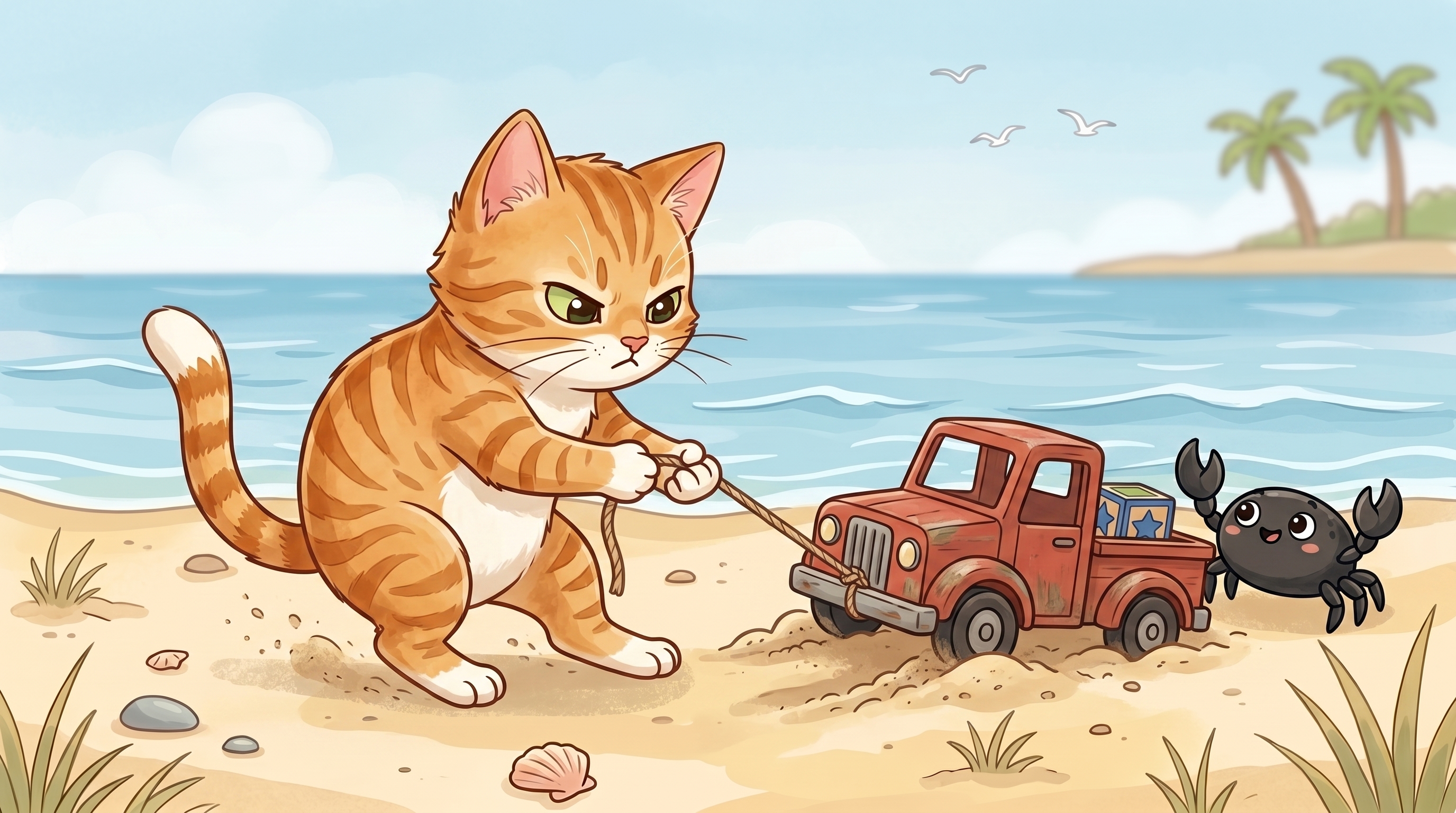 Beach Cat sees a toy truck stuck in the sand near the shore
