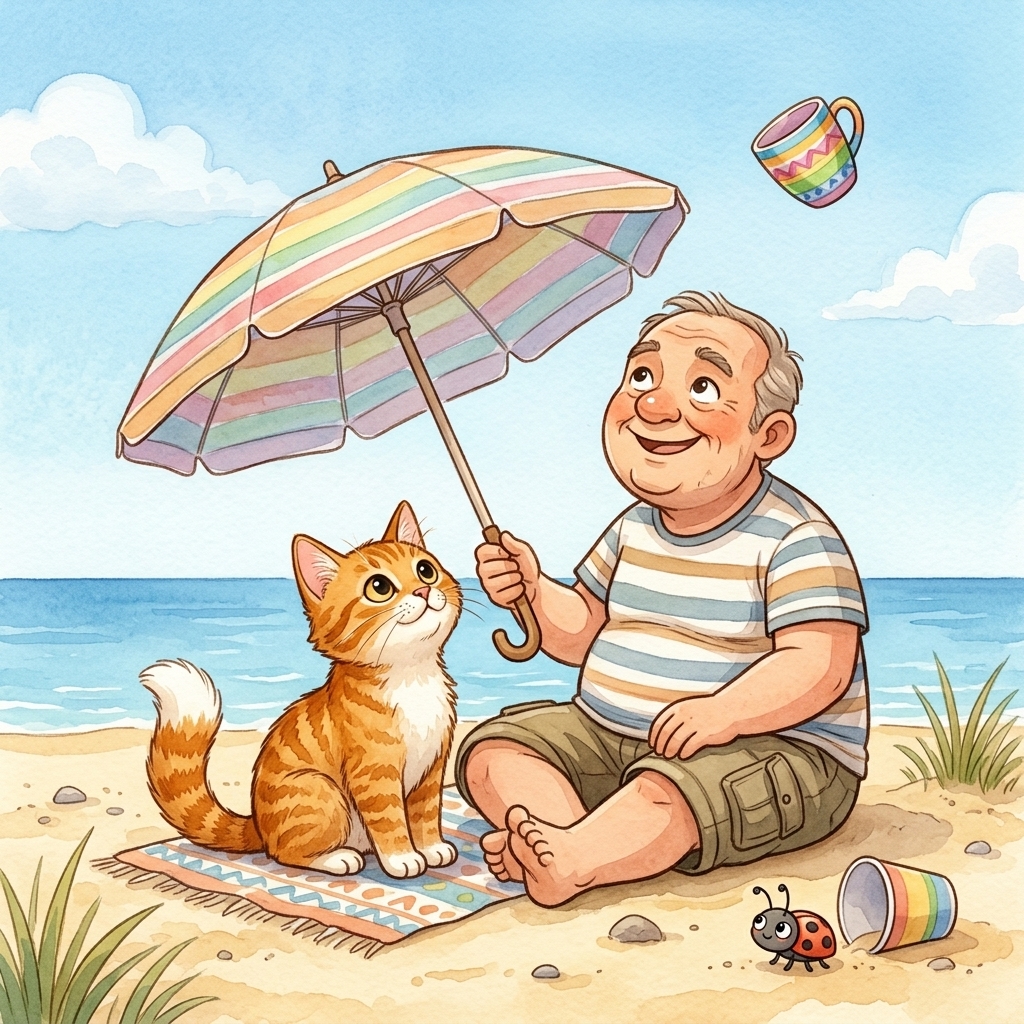 Cat in a simple story scene with up, umbrella, under