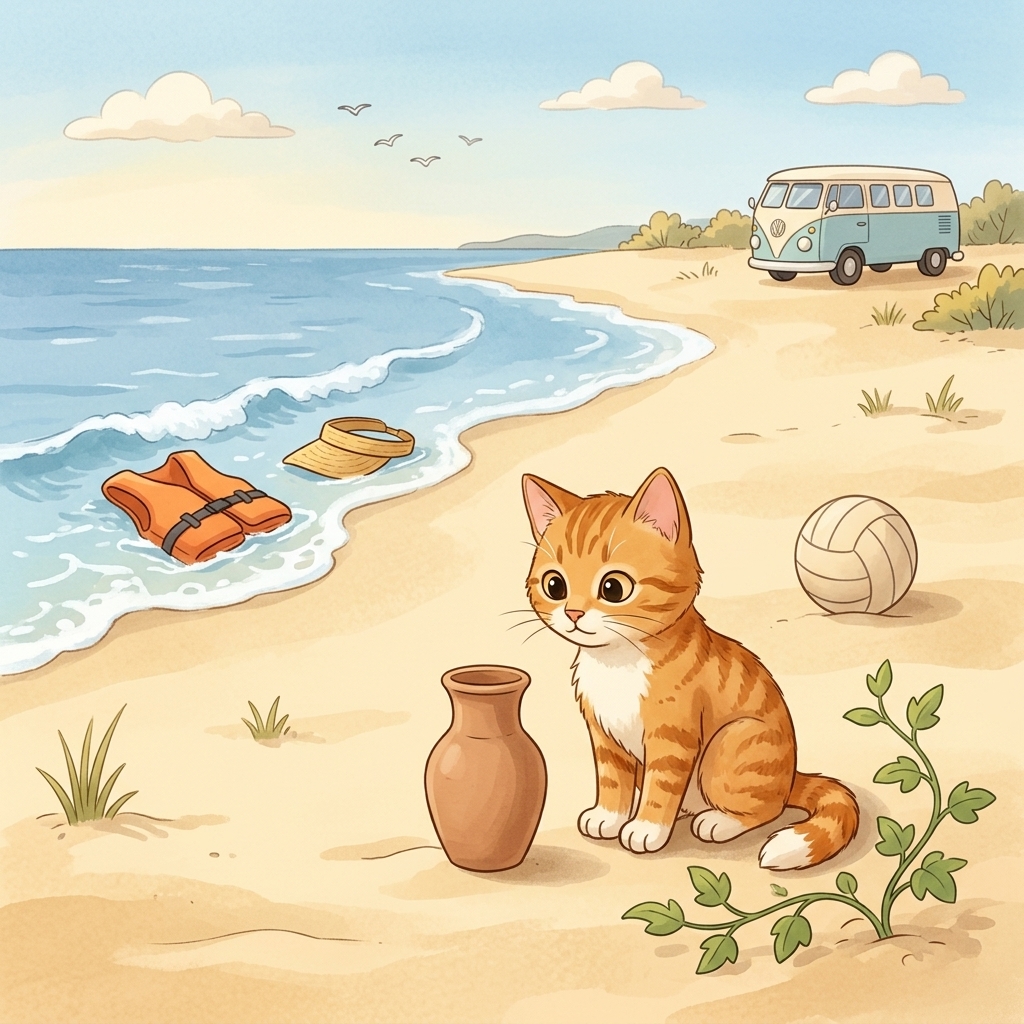 Cat in a simple story scene with van, vest, vine