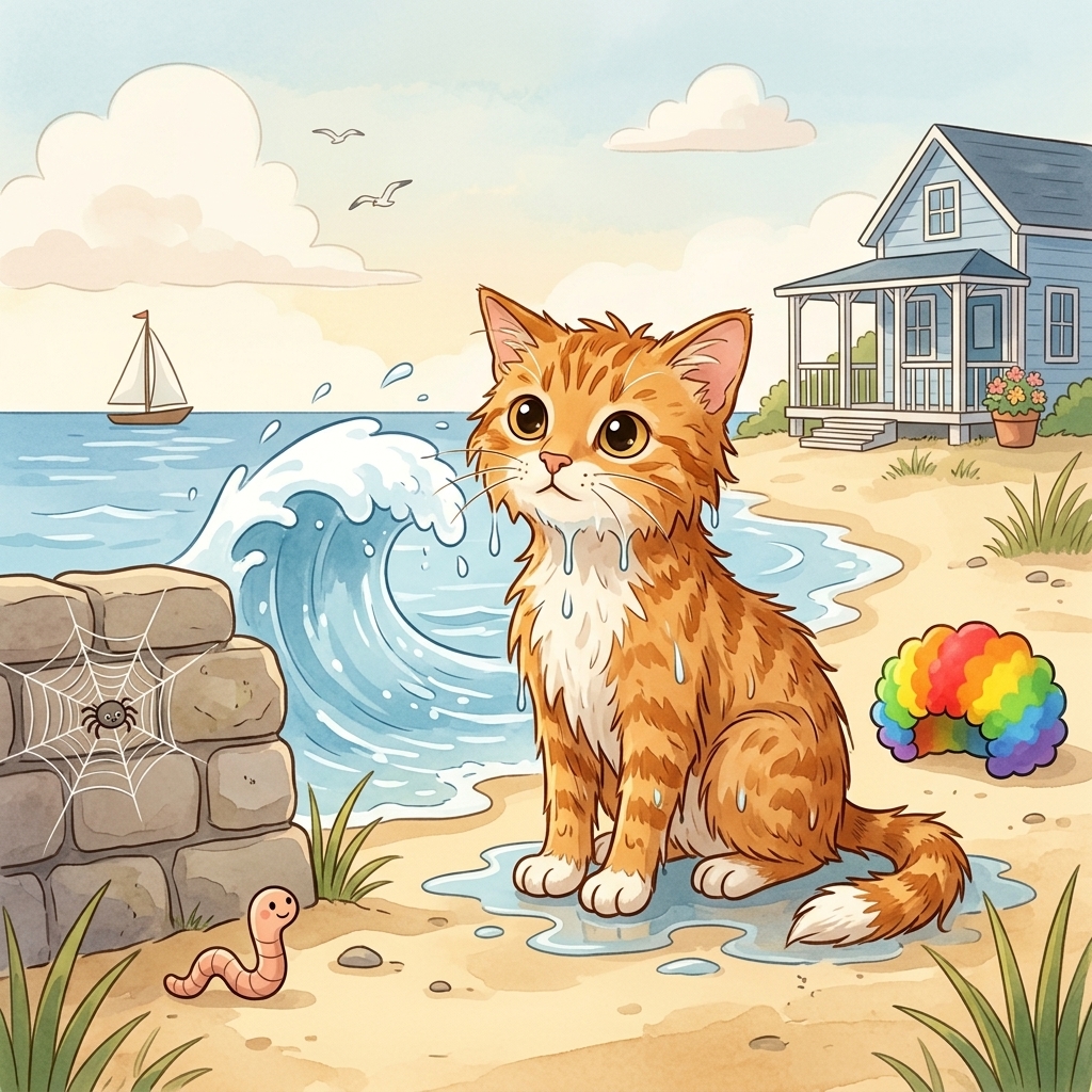 Cat in a simple story scene with web, wig, wet
