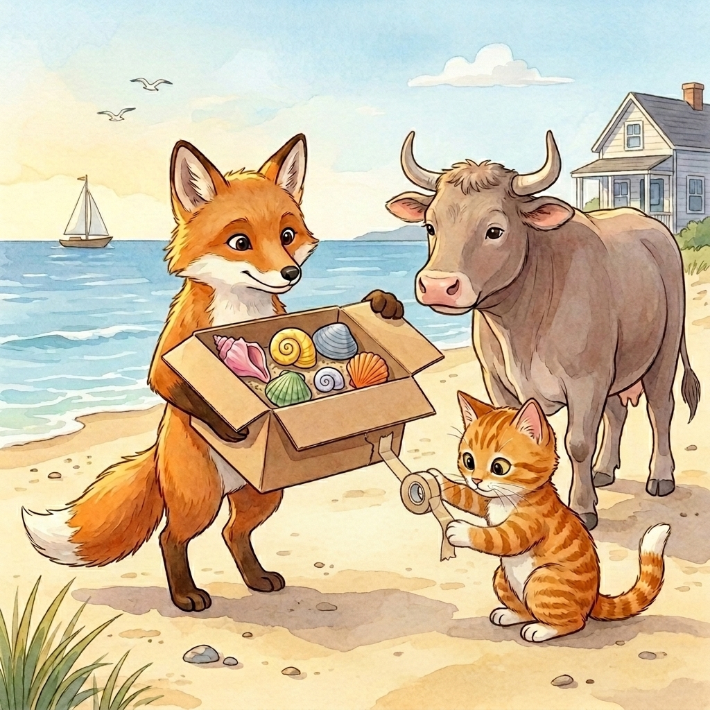 Cat in a simple story scene with box, fox, six