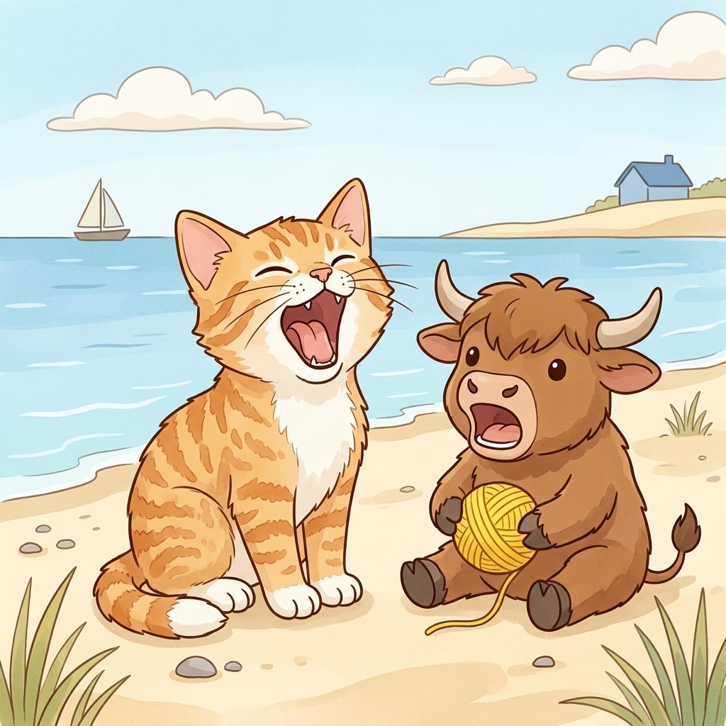 Cat in a simple story scene with yak, yarn, yes