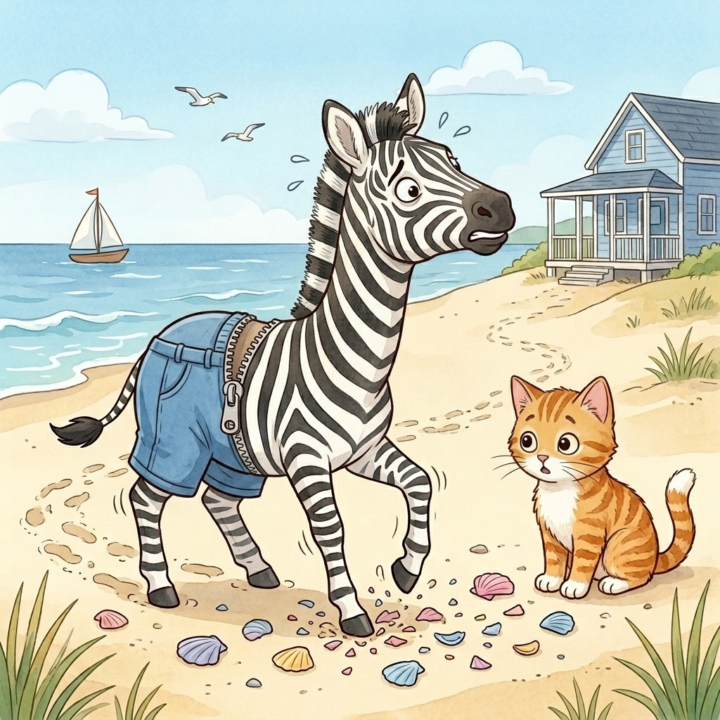 Cat in a simple story scene with zip, zoo, zebra